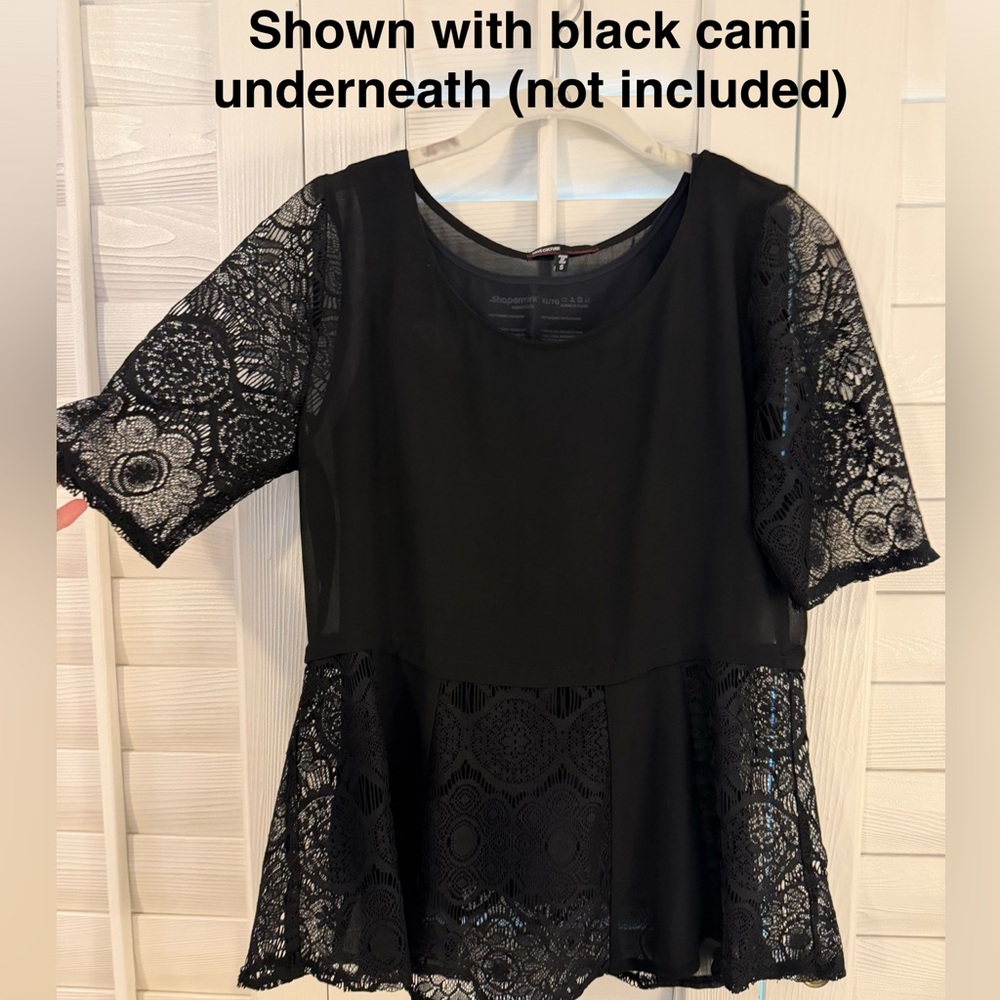 Love Culture Sheer Black Lace Peplum Blouse, NWOT, Small - Picture 5 of 9